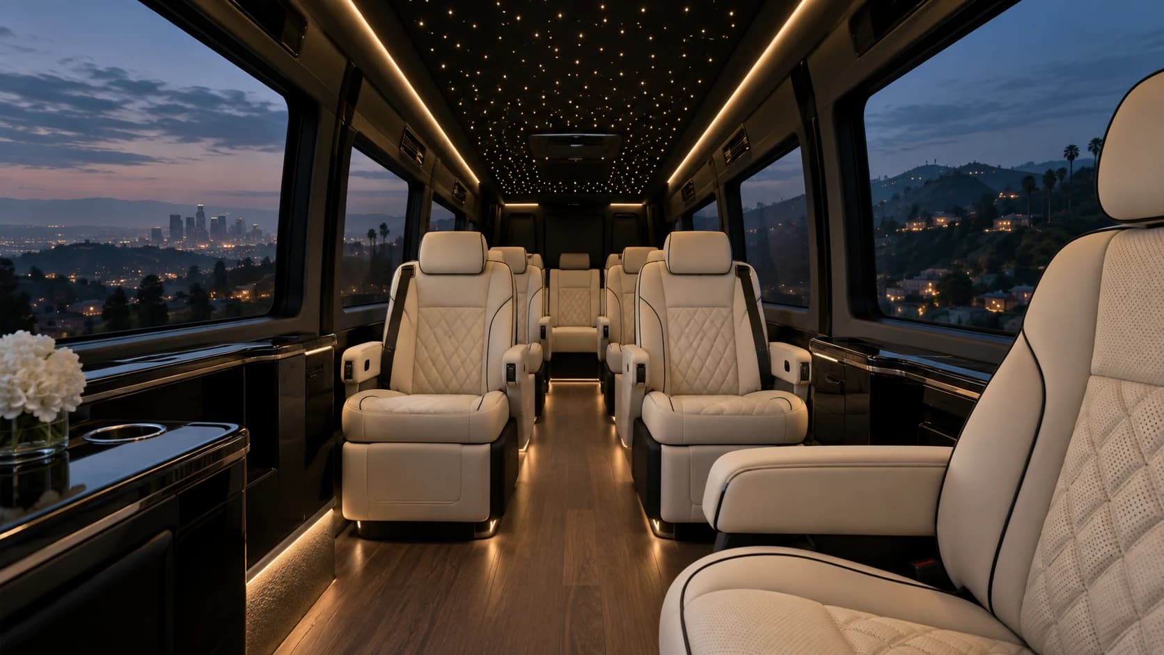 Biscuit leather captain seats, piano-black trim, and an illuminated star ceiling inside the JETXLA cabin